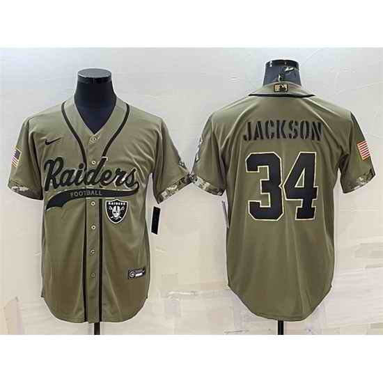 Men Las Vegas Raiders #34 Bo Jackson 2022 Olive Salute To Service Cool Base Stitched Baseball Jersey->las vegas raiders->NFL Jersey