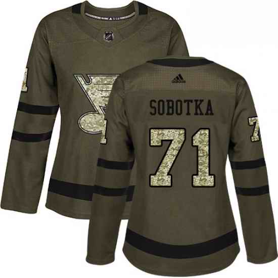 Womens Adidas St Louis Blues #71 Vladimir Sobotka Authentic Green Salute to Service NHL Jersey->women nhl jersey->Women Jersey