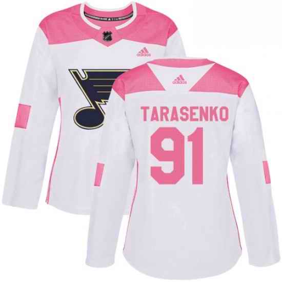 Womens Adidas St Louis Blues #91 Vladimir Tarasenko Authentic WhitePink Fashion NHL Jersey->women nhl jersey->Women Jersey