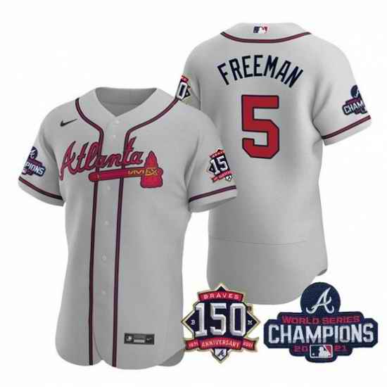 Men's Grey Atlanta Braves #5 Freddie Freeman 2021 World Series Champions With 150th Anniversary Flex Base Stitched Jersey->2021 world series->MLB Jersey