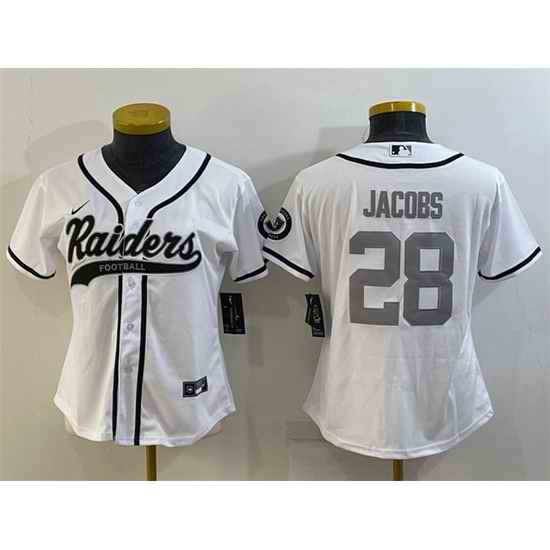 Women Las Vegas Raiders #28 Josh Jacobs White Silver With Patch Cool Base Stitched Baseball Jersey->women nfl jersey->Women Jersey