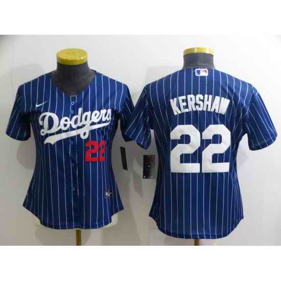 Women's Los Angeles Dodgers #22 Clayton Kershaw Navy Blue Pinstripe Stitched MLB Cool Base Nike Jersey->women mlb jersey->Women Jersey