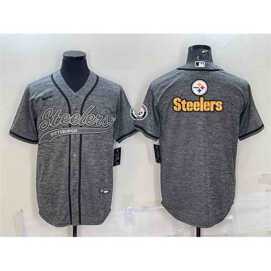 Men Pittsburgh Steelers Grey Team Big Logo With Patch Cool Base Stitched Baseball Jersey->pittsburgh steelers->NFL Jersey