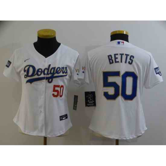 Women Los Angeles Dodgers #50 Mookie Betts White Gold Championship Cool Base Stitched Jersey->women mlb jersey->Women Jersey