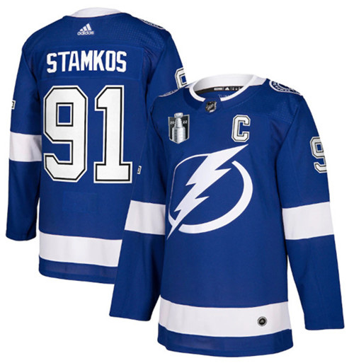 Men's Tampa Bay Lightning #91 Steven Stamkos 2022 Blue Stanley Cup Final Patch Stitched Jersey->tampa bay lightning->NHL Jersey