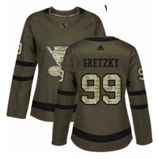 Womens Adidas St Louis Blues #99 Wayne Gretzky Authentic Green Salute to Service NHL Jersey->women nhl jersey->Women Jersey