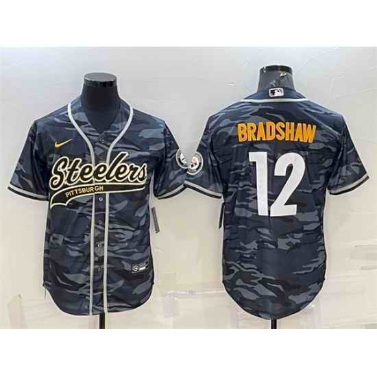Men Pittsburgh Steelers #12 Terry Bradshaw Grey Navy Camo With Patch Cool Base Stitched Baseball Jersey->pittsburgh steelers->NFL Jersey