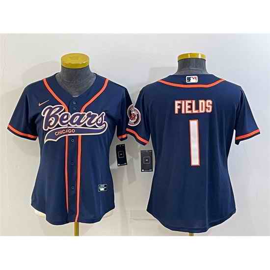 Women Chicago Bears #1 Justin Fields Navy With Patch Cool Base Stitched Baseball Jersey->women nfl jersey->Women Jersey