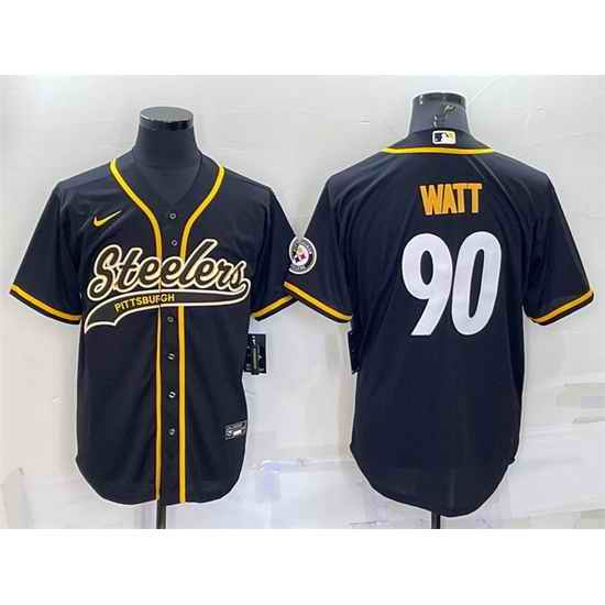 Men Pittsburgh Steelers #90 T J  Watt Black With Patch Cool Base Stitched Baseball Jersey->pittsburgh steelers->NFL Jersey