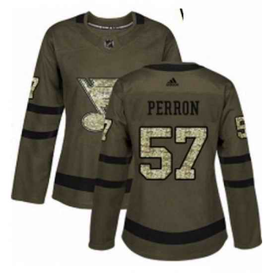 Womens Adidas St Louis Blues #57 David Perron Authentic Green Salute to Service NHL Jersey->women nhl jersey->Women Jersey