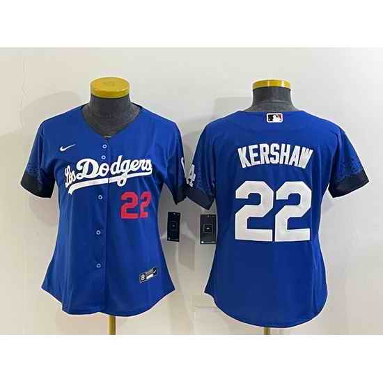 Women's Los Angeles Dodgers #22 Clayton Kershaw Blue 2021 City Connect Number Cool Base Stitched Jersey->women mlb jersey->Women Jersey