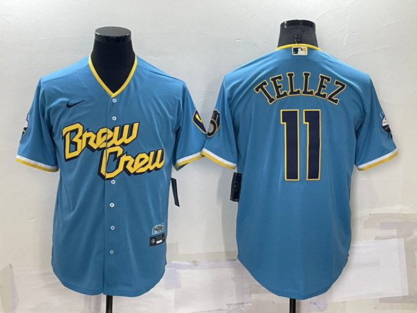 Men's Milwaukee Brewers #11 Rowdy Tellez 2022 Powder Blue City Connect Cool Base Stitched Jersey->milwaukee brewers->MLB Jersey