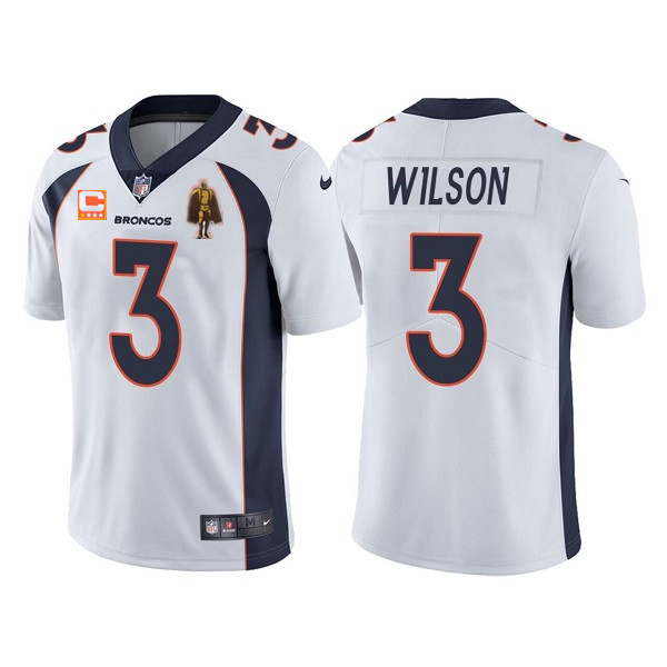 Men's Denver Broncos #3 Russell Wilson White With C Patch & Walter Payton Patch Limited Stitched Jersey->denver broncos->NFL Jersey