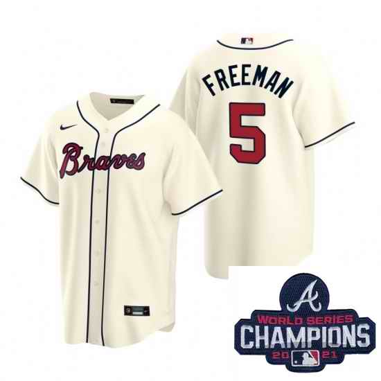 Men Nike Atlanta Braves #5 Freddie Freeman Cream Alternate Stitched Baseball Stitched MLB 2021 Champions Patch Jersey->2021 world series->MLB Jersey