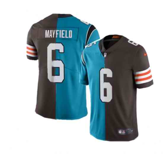 Men Carolina Panthers Cleveland Browns #6 Baker Mayfield Splite Blue Brown Vapor Untouchable Limited Stitched Jersey