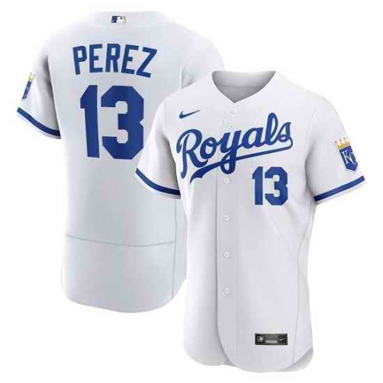 Men Kansas City Royals #13 Salvador Perez White Flex Base Stitched Jersey->kansas city royals->MLB Jersey