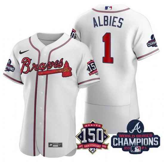 Men's White Atlanta Braves #1 Ozzie Albies 2021 World Series Champions With 150th Anniversary Flex Base Stitched Jersey->2021 world series->MLB Jersey