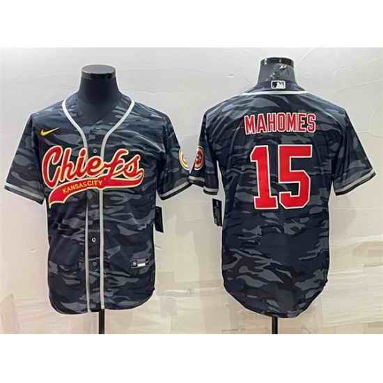 Men Kansas City Chiefs Blank #15 Patrick Mahomes Grey Navy Camo With Patch Cool Base Stitched Baseball Jersey->kansas city chiefs->NFL Jersey