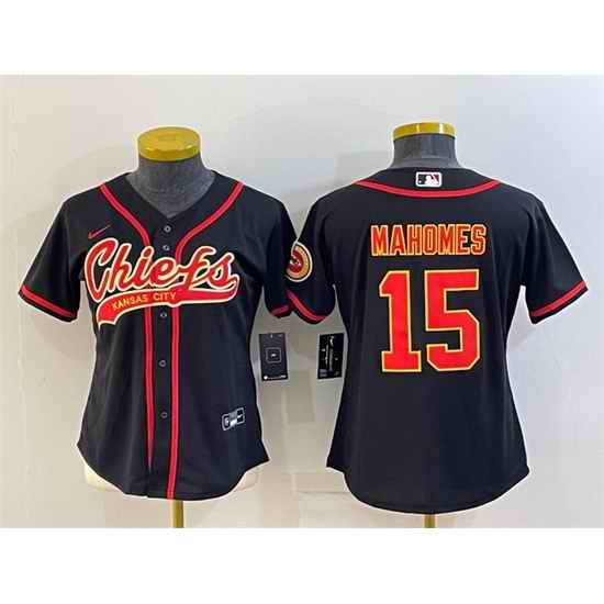 Women Kansas City Chiefs #15 Patrick Mahomes Black With Patch Cool Base Stitched Baseball Jersey->women nfl jersey->Women Jersey