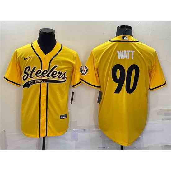 Men Pittsburgh Steelers #90 T J  Watt Yellow With Patch Cool Base Stitched Baseball Jersey->pittsburgh steelers->NFL Jersey