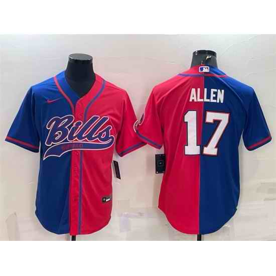 Men Buffalo Bills #17 Josh Allen Royal Red Split With Patch Cool Base Stitched Baseball Jersey