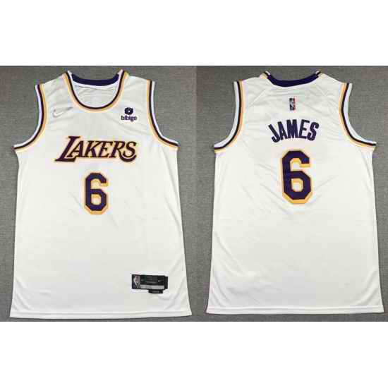 Men's Los Angeles Lakers #6 LeBron James Bibigo 75th Anniversary White Stitched Basketball Jersey->miami heat->NBA Jersey