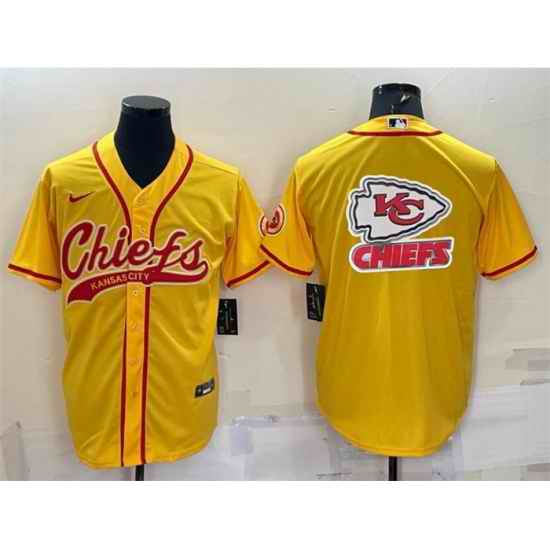 Men Kansas City Chiefs Gold Team Big Logo With Patch Cool Base Stitched Baseball Jersey