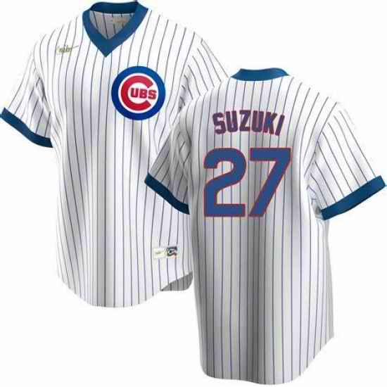 Mens Nike Chicago Cubs #27 Seiya Suzuki White Cooperstown Collection Road Stitched Baseball Jersey->chicago cubs->MLB Jersey