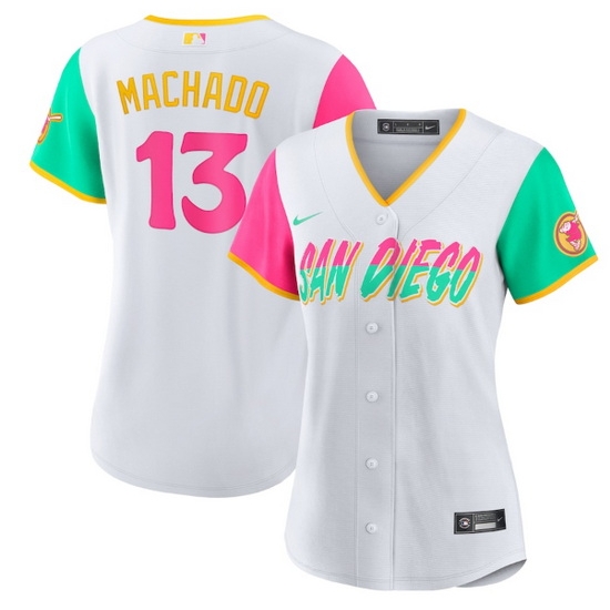 Women San Diego Padres #13 Manny Machado 2022 White City Connect Cool Base Stitched->women mlb jersey->Women Jersey
