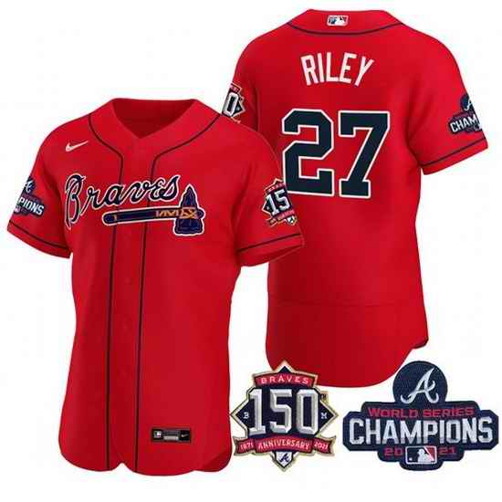 Men's Red Atlanta Braves #27 Austin Riley Swanson 2021 World Series Champions With 150th Anniversary Flex Base Stitched Jersey->2021 world series->MLB Jersey