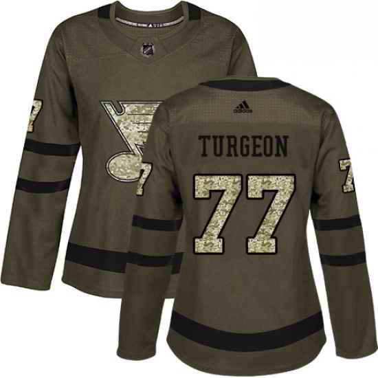 Womens Adidas St Louis Blues #77 Pierre Turgeon Authentic Green Salute to Service NHL Jersey->women nhl jersey->Women Jersey