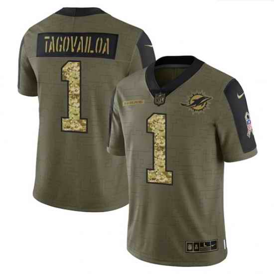 Men Miami Dolphins #1 Tua Tagovailoa 2021 Salute To Service Olive Camo Limited Stitched Jersey->miami dolphins->NFL Jersey