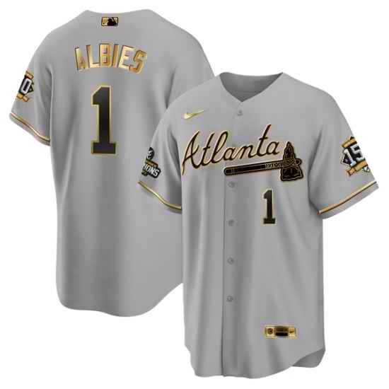 Men Atlanta Braves #1 Ozzie Albies 2021 Grey Gold World Series Champions With 150th Anniversary Patch Cool Base Stitched Jersey->youth mlb jersey->Youth Jersey
