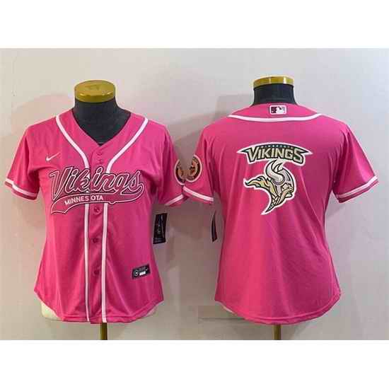 Women Minnesota Vikings Pink Team Big Logo With Patch Cool Base Stitched Baseball Jersey->women nfl jersey->Women Jersey