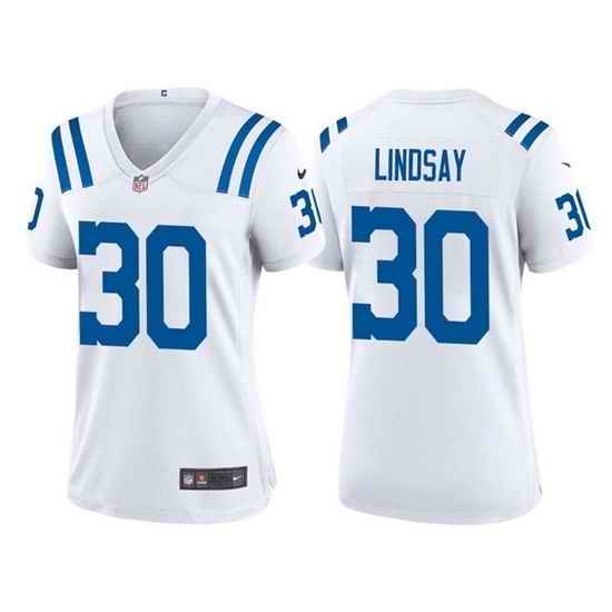Women Indianapolis Colts #30 Phillip Lindsay White Stitched Jersey 28Run Small 2->women nfl jersey->Women Jersey