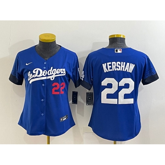 Women Los Angeles Dodgers #22 Clayton Kershaw Royal City Connect Stitched Baseball Jersey->women mlb jersey->Women Jersey