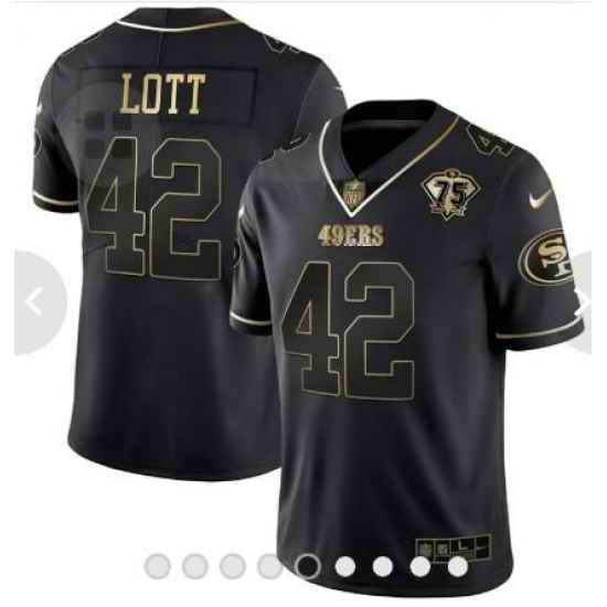 Men San Francisco 49ers Ronnie Lott 75th Anniversary Patch White Gold Black Gold Jersey->los angeles rams->NFL Jersey