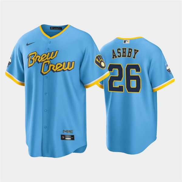 Men's Milwaukee Brewers #26 Aaron Ashby Powder Blue 2022 City Connect Cool Base Stitched Jersey->milwaukee brewers->MLB Jersey
