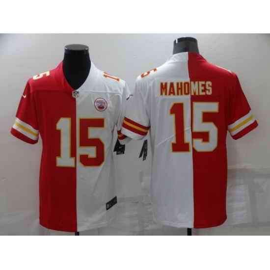 Men's Kansas City Chiefs #15 Patrick Mahomes Split Red-White Fashion Football Limited Jersey->green bay packers->NFL Jersey