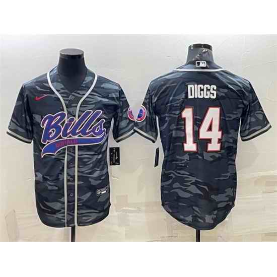 Men Buffalo Bills Blank #14 Stefon Diggs Grey Navy Camo With Patch Cool Base Stitched Baseball Jersey