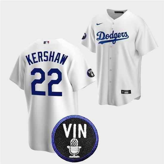 Men Los Angeles Dodgers #22 Clayton Kershaw 2022 White Vin Scully Patch Cool Base Stitched Baseball Jersey->los angeles dodgers->MLB Jersey