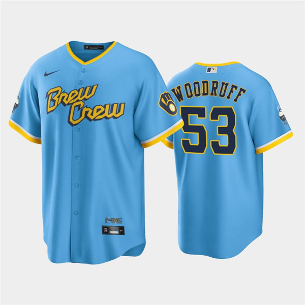 Men's Milwaukee Brewers #53 Brandon Woodruff Powder Blue 2022 City Connect Cool Base Stitched Jersey->milwaukee brewers->MLB Jersey
