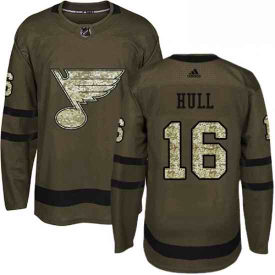 Mens Adidas St Louis Blues #16 Brett Hull Authentic Green Salute to Service NHL Jersey->st.louis blues->NHL Jersey