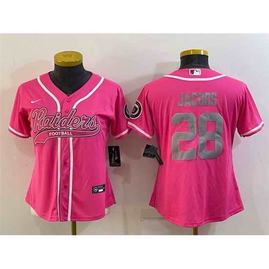 Women Las Vegas Raiders #28 Josh Jacobs Pink Silver With Patch Cool Base Stitched Baseball Jersey->women nfl jersey->Women Jersey