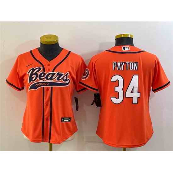 Women Chicago Bears #34 Walter Payton Orange With Patch Cool Base Stitched Baseball Jersey->women nfl jersey->Women Jersey