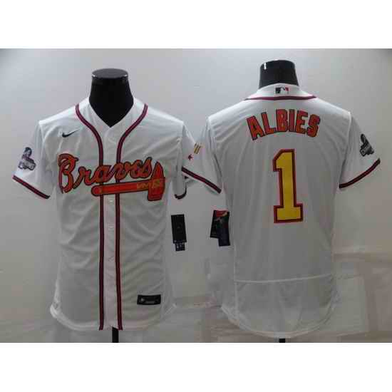 Men's Nike Atlanta Braves #1 Ozzie Albies White Gold Champions MLB Jersey->atlanta braves->MLB Jersey