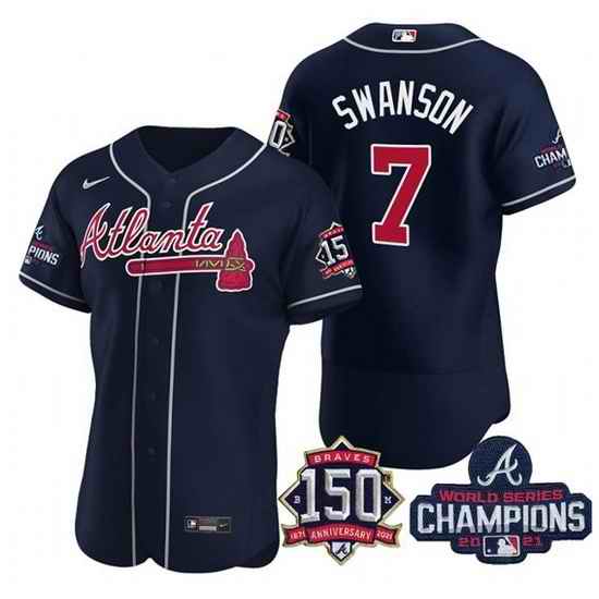 Men's Navy Atlanta Braves #7 Dansby Swanson 2021 World Series Champions With 150th Anniversary Flex Base Stitched Jersey->2021 world series->MLB Jersey