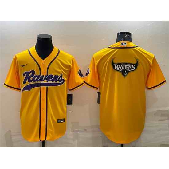 Men Baltimore Ravens Yellow Team Big Logo With Patch Cool Base Stitched Baseball Jersey->buffalo bills->NFL Jersey