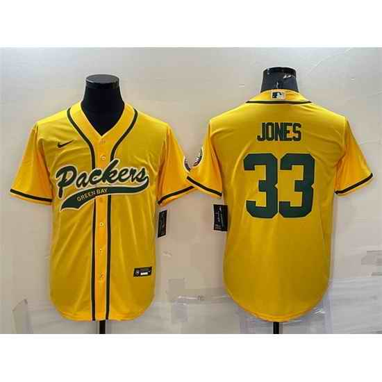 Men Green Bay Packers #33 Aaron Jones Gold With Patch Cool Base Stitched Baseball Jersey->green bay packers->NFL Jersey