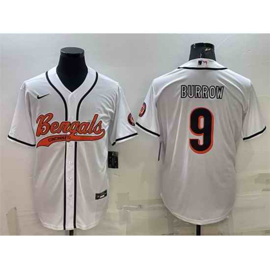 Men Cincinnati Bengals #9 Joe Burrow White With Patch Cool Base Stitched Baseball Jersey->cincinnati bengals->NFL Jersey